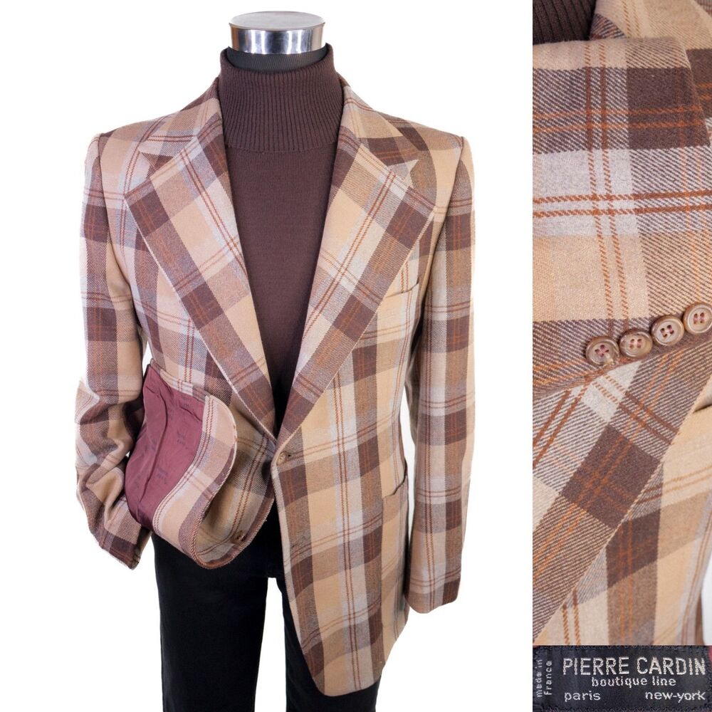 VTG Pierre Cardin Blazer Sport Coat Sz 42R Plaid Wide Lapel Made In France